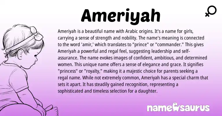 Infographic about Ameriyah name meaning, Ameriyah is a name from Arabic origin(s).