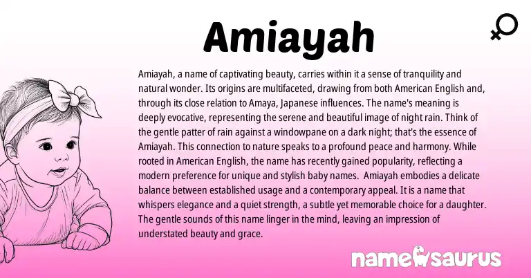 Infographic about Amiayah name meaning, Amiayah is a name from English, Japanese origin(s).