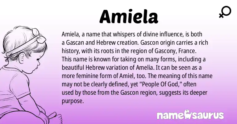 Infographic about Amiela name meaning, Amiela is a name from Gascon, Hebrew origin(s).