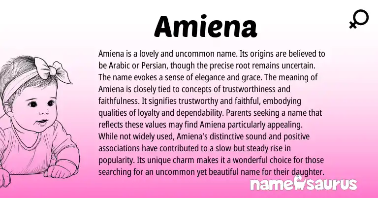 Infographic about Amiena name meaning, Amiena is a name from Arabic origin(s).