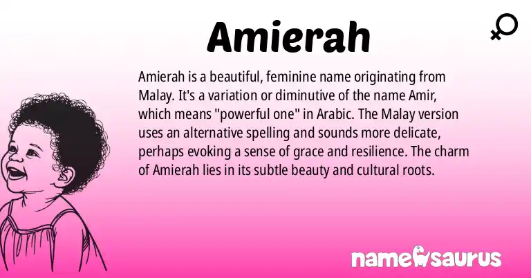 Infographic about Amierah name meaning, Amierah is a name from Malay origin(s).