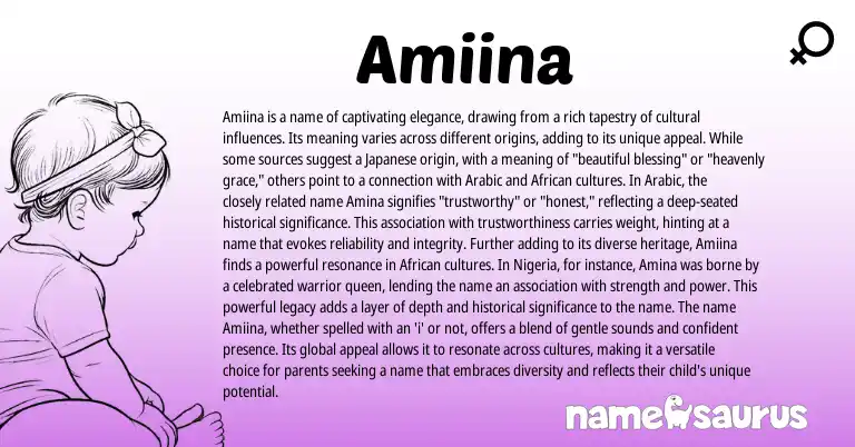 Infographic about Amiina name meaning, Amiina is a name from Japanese origin(s).