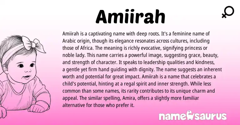 Infographic about Amiirah name meaning, Amiirah is a name from African, Arabic origin(s).