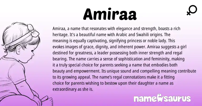 Infographic about Amiraa name meaning, Amiraa is a name from Arabic origin(s).