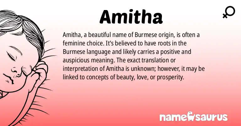 Infographic about Amitha name meaning, Amitha is a name from Burmese origin(s).