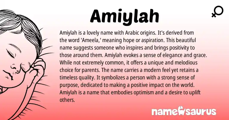 Infographic about Amiylah name meaning, Amiylah is a name from Arabic origin(s).