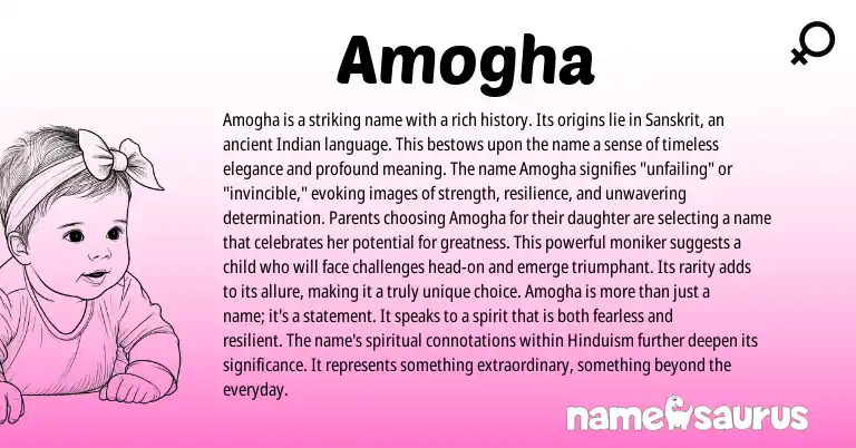 Infographic about Amogha name meaning, Amogha is a name from Indian, Sanskrit origin(s).
