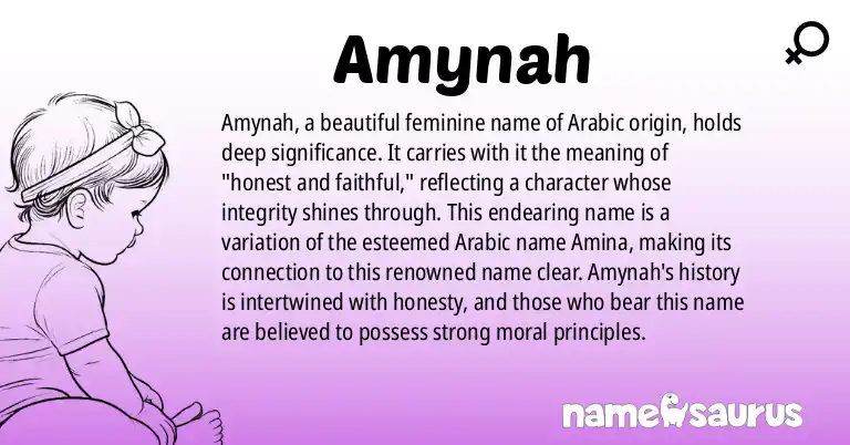 Infographic about Amynah name meaning, Amynah is a name from Arabic origin(s).