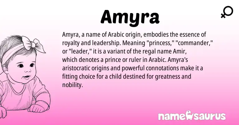 Infographic about Amyra name meaning, Amyra is a name from Arabic origin(s).