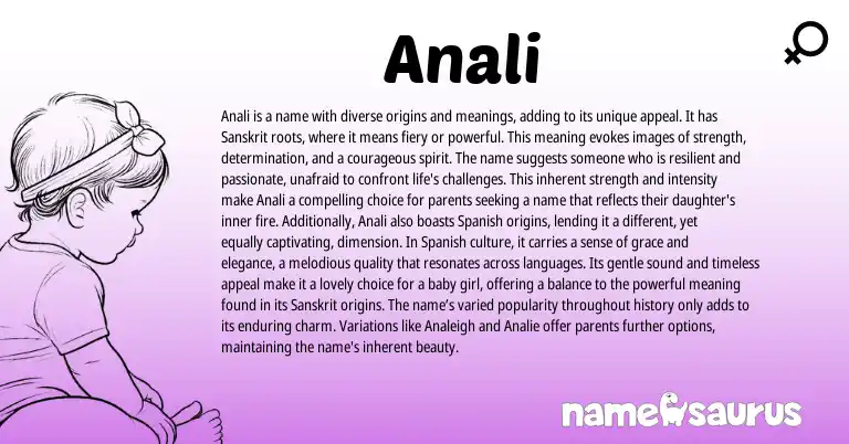Infographic about Anali name meaning, Anali is a name from Turkish, Sanskrit origin(s).