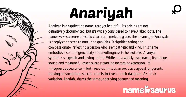 Infographic about Anariyah name meaning, Anariyah is a name from Arabic origin(s).