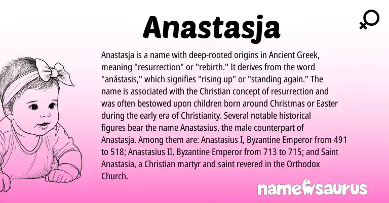 Infographic about Anastasja name meaning, Anastasja is a name from Ancient Greek, Christianity origin(s).