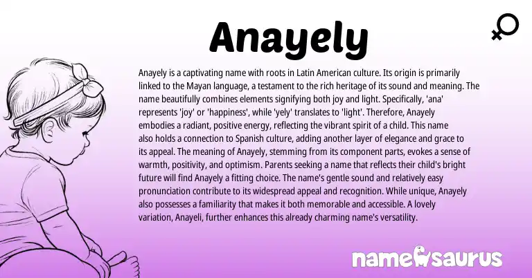Infographic about Anayely name meaning, Anayely is a name from Mayan, Latin, Spanish, American origin(s).