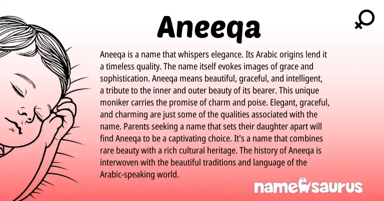 Infographic about Aneeqa name meaning, Aneeqa is a name from Arabic origin(s).