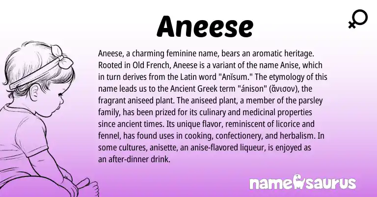 Infographic about Aneese name meaning, Aneese is a name from Ancient Greek, Latin, Old French origin(s).