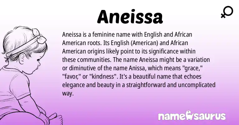 Infographic about Aneissa name meaning, Aneissa is a name from English (American), African American origin(s).