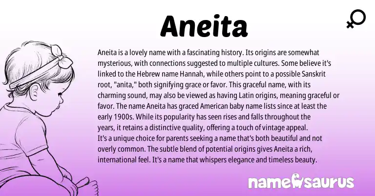 Infographic about Aneita name meaning, Aneita is a name from Latin origin(s).