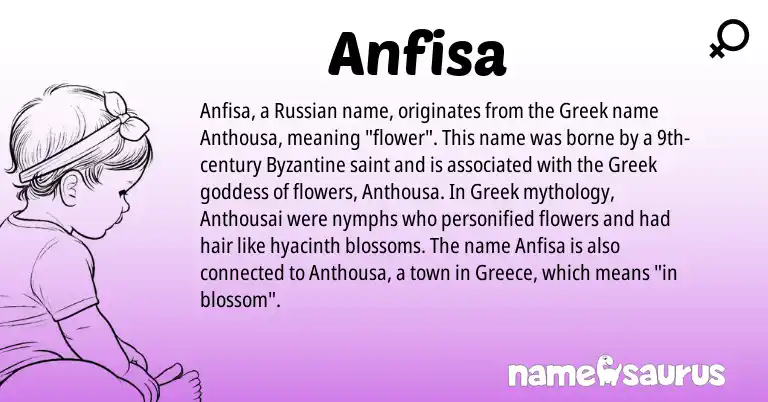 Infographic about Anfisa name meaning, Anfisa is a name from Russian, Greece, Greek origin(s).
