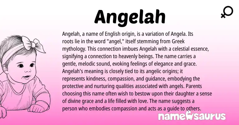 Infographic about Angelah name meaning, Angelah is a name from English, Greek origin(s).