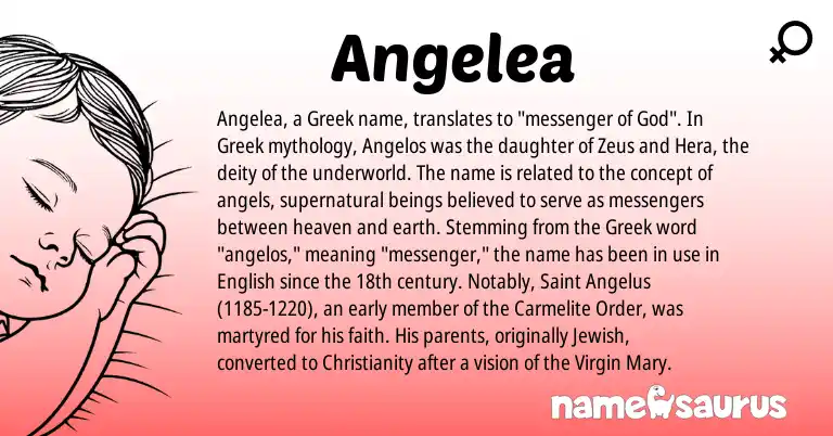 Infographic about Angelea name meaning, Angelea is a name from Jewish, English, Christianity, Greek origin(s).