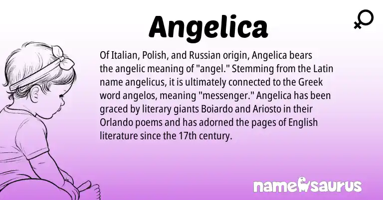 Infographic about Angelica name meaning, Angelica is a name from Polish, English, Russian, Latin, Greek, Italian origin(s).