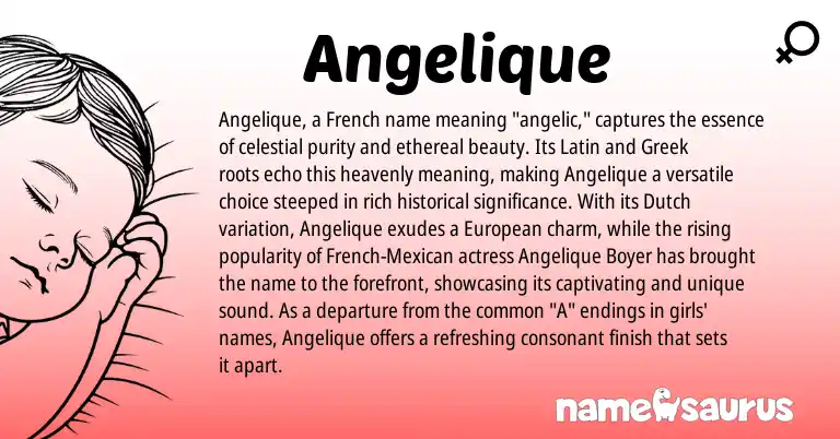 Infographic about Angelique name meaning, Angelique is a name from Mexican, European, French, Latin, Greek, Dutch origin(s).