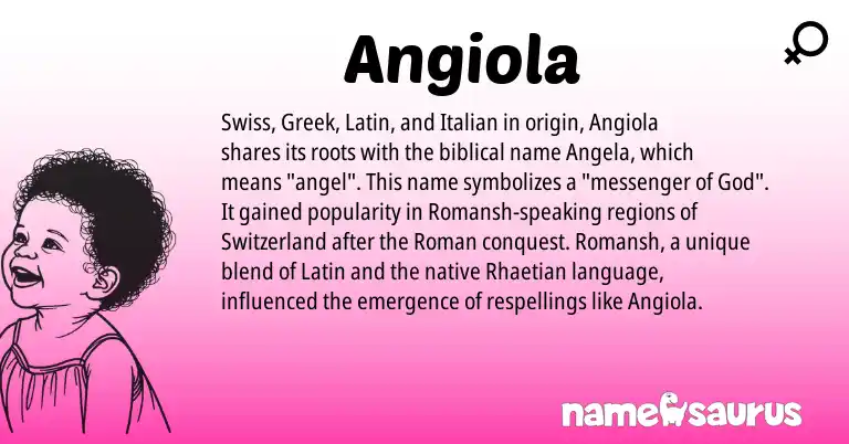 Infographic about Angiola name meaning, Angiola is a name from Swiss, Romansh, Latin, Roman, Greek, Italian origin(s).