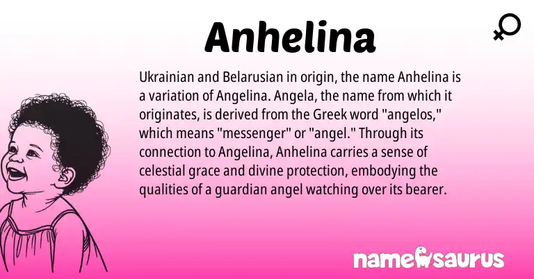 Infographic about Anhelina name meaning, Anhelina is a name from Ukrainian, Belarusian, Greek origin(s).