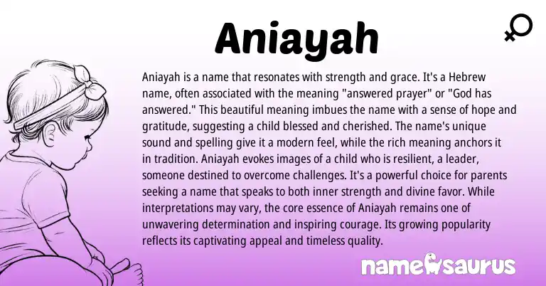 Infographic about Aniayah name meaning, Aniayah is a name from Hebrew origin(s).