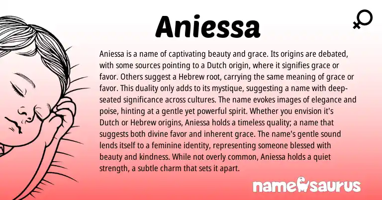 Infographic about Aniessa name meaning, Aniessa is a name from Dutch origin(s).