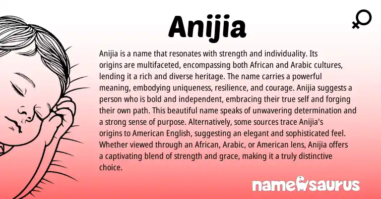 Infographic about Anijia name meaning, Anijia is a name from African, Arabic origin(s).