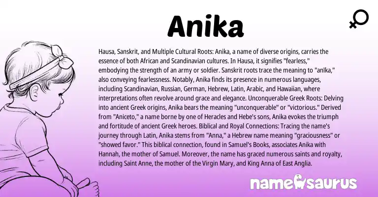 Infographic about Anika name meaning, Anika is a name from Hawaiian, Hausa, Scandinavian, Russian, Latin, Arabic, Greek, German, Sanskrit, African, Hebrew origin(s).