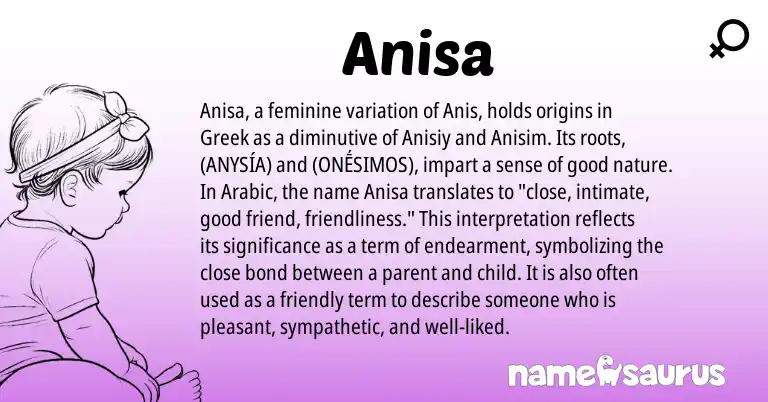 Infographic about Anisa name meaning, Anisa is a name from Arabic, Greek origin(s).