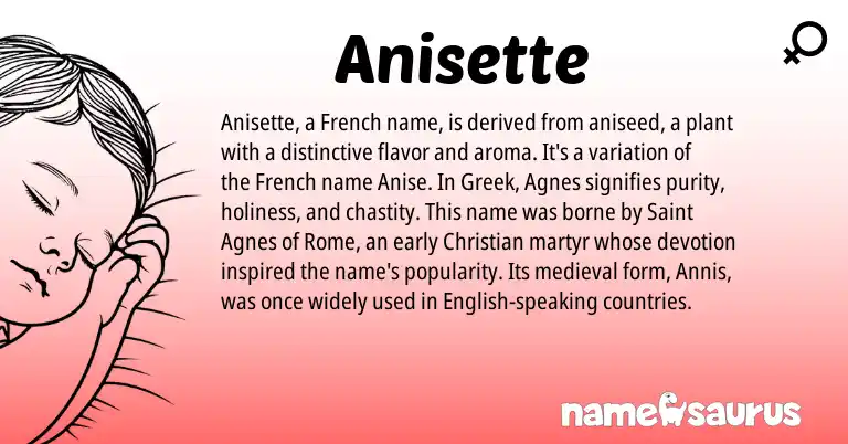 Infographic about Anisette name meaning, Anisette is a name from English, French, Greek origin(s).