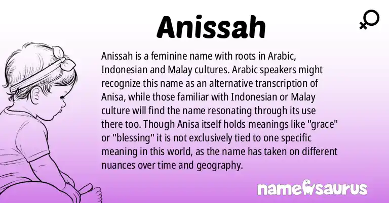Infographic about Anissah name meaning, Anissah is a name from Arabic, Indonesian, Malay origin(s).