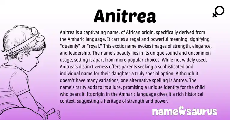 Infographic about Anitrea name meaning, Anitrea is a name from African, Amharic origin(s).