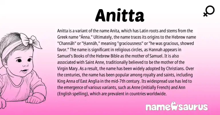 Infographic about Anitta name meaning, Anitta is a name from English, French, Latin, Greek, Hebrew origin(s).