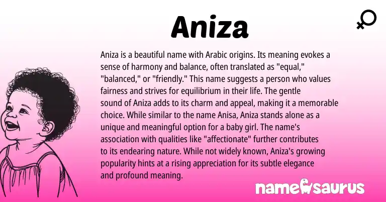 Infographic about Aniza name meaning, Aniza is a name from Arabic origin(s).