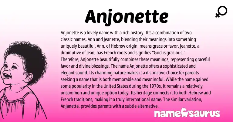Infographic about Anjonette name meaning, Anjonette is a name from Hebrew origin(s).