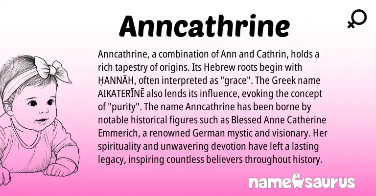Infographic about Anncathrine name meaning, Anncathrine is a name from German, Hebrew, Greek origin(s).