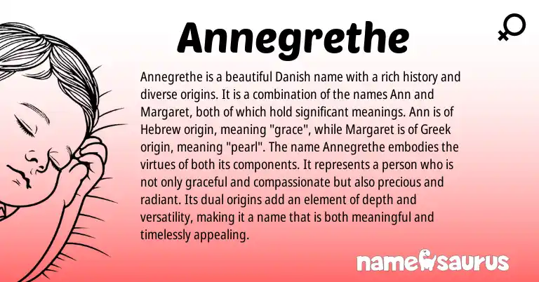 Infographic about Annegrethe name meaning, Annegrethe is a name from Danish, Hebrew, Greek origin(s).