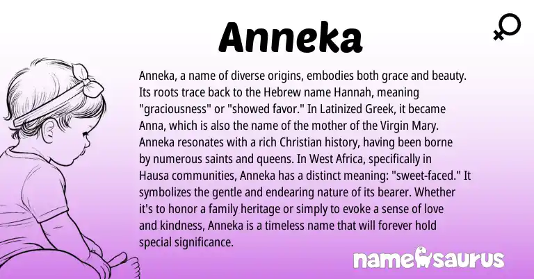 Infographic about Anneka name meaning, Anneka is a name from Hausa, West Africa, Hebrew, Greek origin(s).