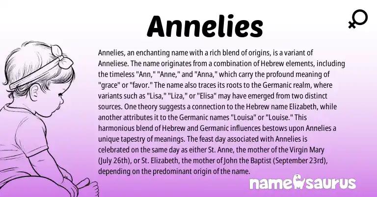 Infographic about Annelies name meaning, Annelies is a name from Germanic, Hebrew origin(s).