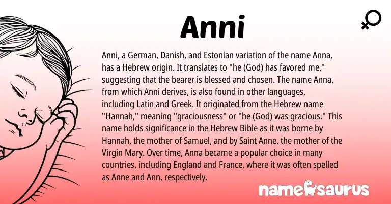 Infographic about Anni name meaning, Anni is a name from Danish, England, Latin, Greek, German, Estonian, Hebrew origin(s).
