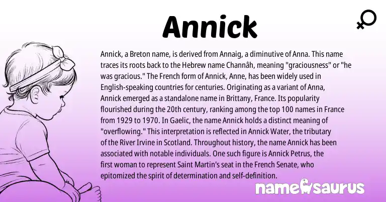Infographic about Annick name meaning, Annick is a name from Breton, English, Gaelic, French, Hebrew origin(s).