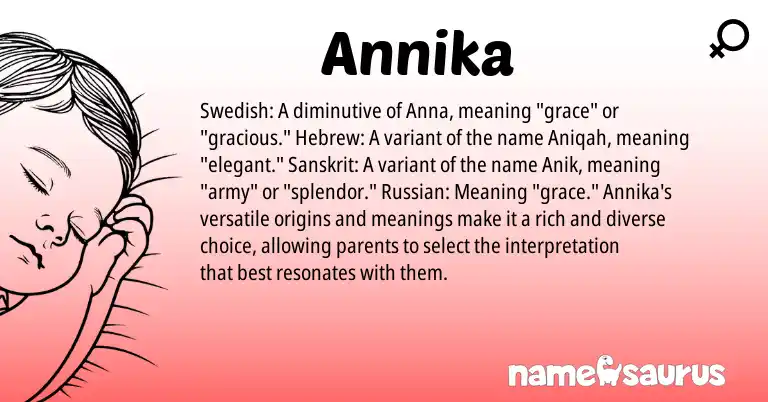 Infographic about Annika name meaning, Annika is a name from Russian, Sanskrit, Swedish, Hebrew origin(s).
