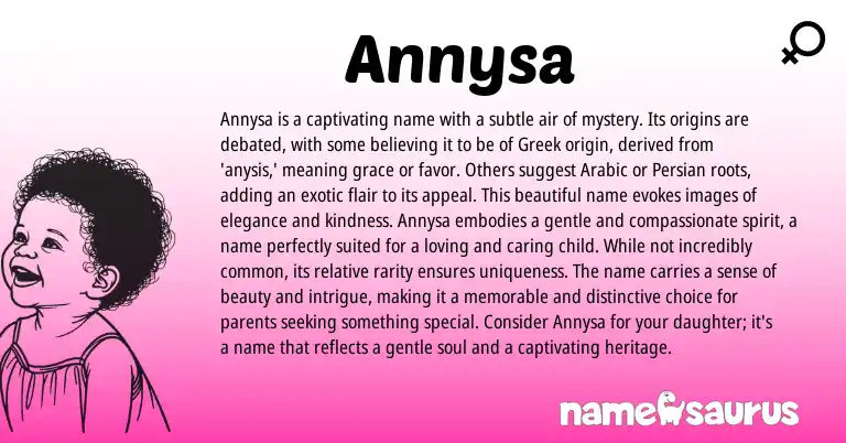 Infographic about Annysa name meaning, Annysa is a name from Greek origin(s).