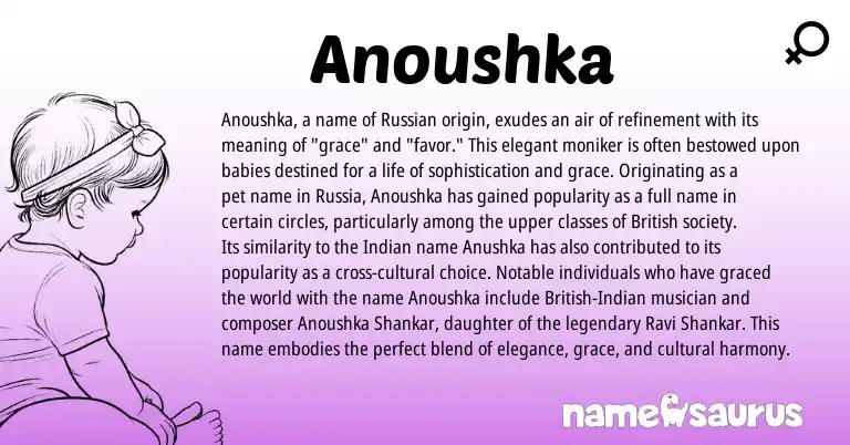 Infographic about Anoushka name meaning, Anoushka is a name from Russian, British, Indian origin(s).