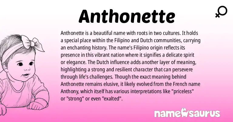 Infographic about Anthonette name meaning, Anthonette is a name from Filipino, Dutch origin(s).