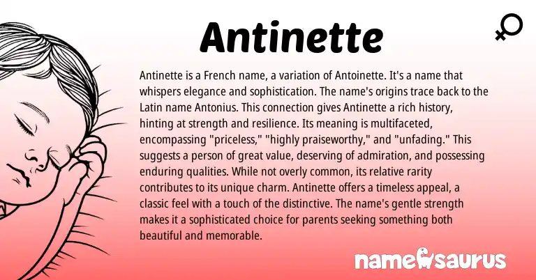 Infographic about Antinette name meaning, Antinette is a name from Latin, French origin(s).